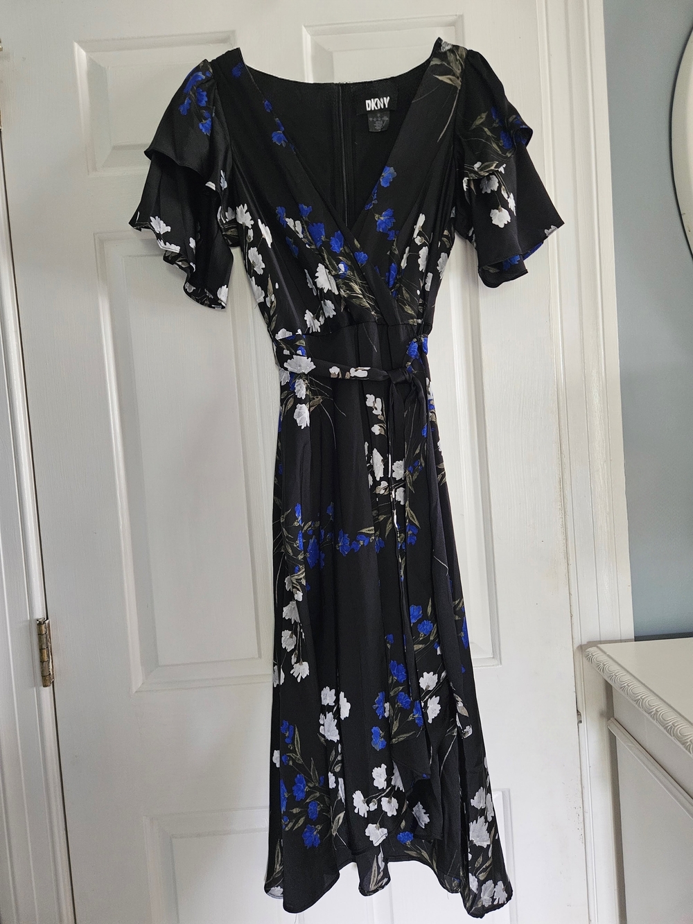 DKNY Black Floral Wrap High-Low Dress with Blue & White Blooms